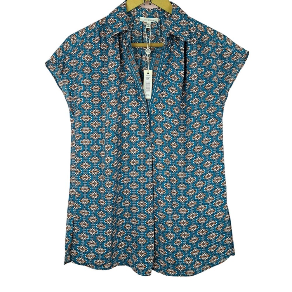 NEW Max Studio Women Blouse Printed Blue Size XS Pull Over Short Sleeve